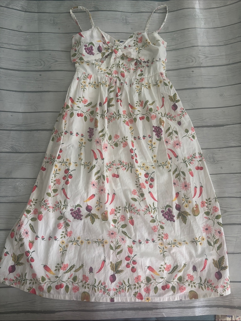 Old Navy White Floral & Fruit Print Sundress with Pink and Green Accents